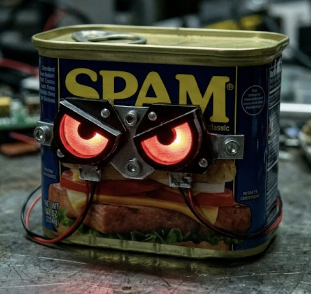 a tin of Spam wired up with angry glowing red LED eyes, like a tiny robot